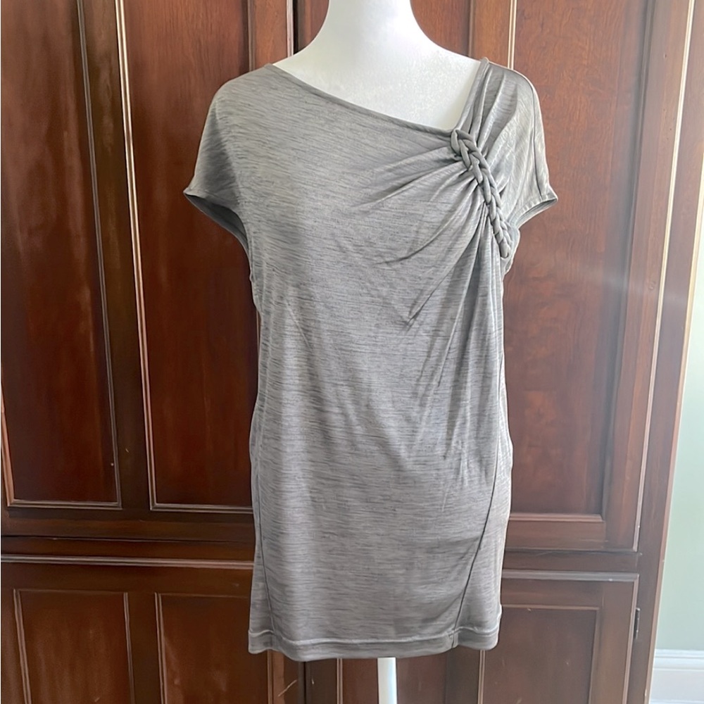 Kenneth Cole NY Metallic Silver Top with Asymmetrical Neckline & Braid Accent.